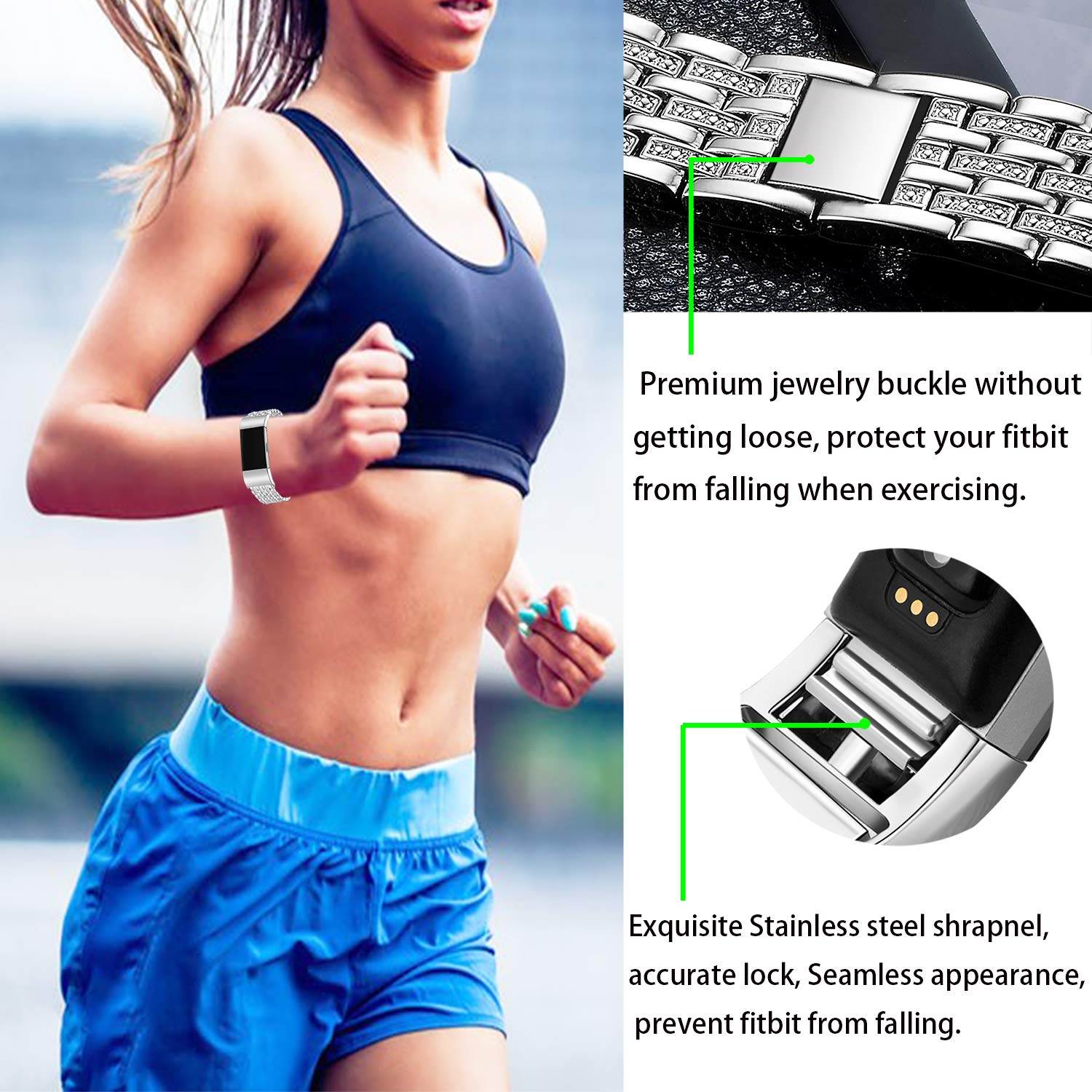 Kaleidoc Bands Compatible Fitbit Charge 2 - Metal Replacement Wristband with Premium Rhinestone Crystals, Adjustable Classy Bracelet Strap Compatible Fitbit Charge 2 Bands