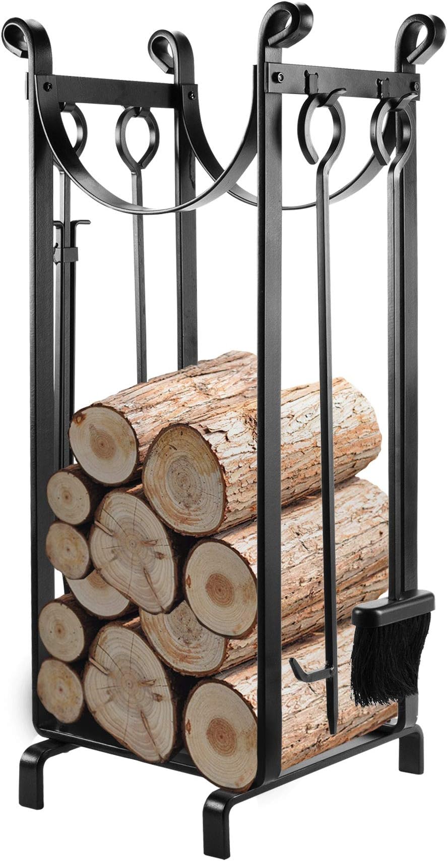 Pinty Firewood Log Rack with Tools, Indoor Wood Storage Rack Fireplace Holder, including Rack, Brush, Shovel, Tong and Fireplace Hook