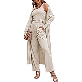 Ekouaer Women's 3 Piece Lounge Set Pajama Long Sleeve Cardigan Sleeveless Top Pants Sweatsuit S-XXL