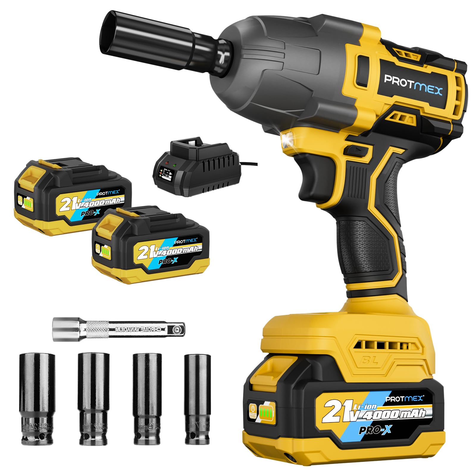 900Ft-lbs (1200N.m) Impact Wrench, 1/2" Cordless Impact Gun, 21V High Torque Brushless Impact Driver, 2x4.0Ah Batteries Electric Impact Motor Variable Speeds for Car/Pickup Truck/Mower, Yellow Image