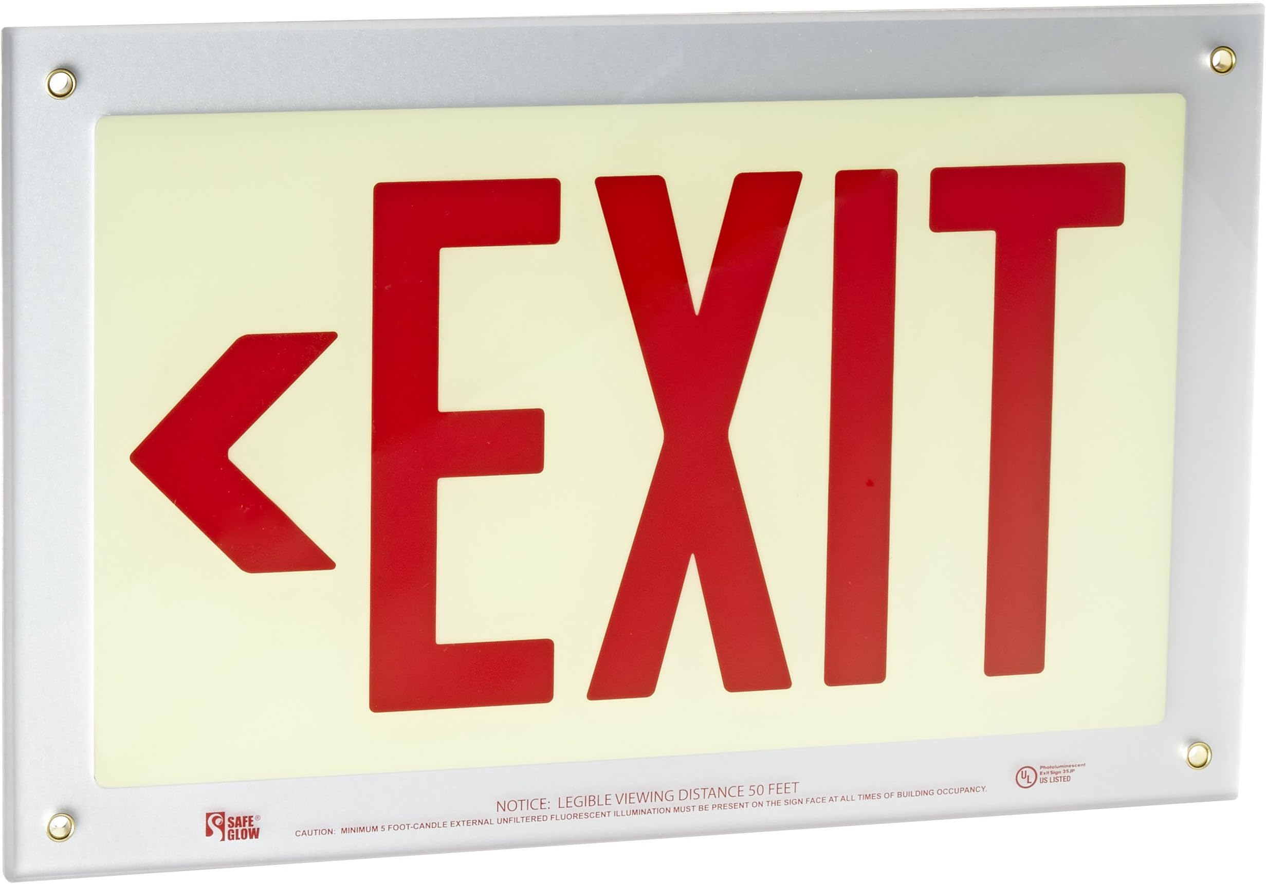 Safe Glow Photoluminescent Exit Sign, "EXIT" with Left Arrow Symbol, 14-5/8" Length x 9-1/2" Width x 1/4 " Height, Ceiling Mount (Pack of 1)