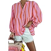 Maketina Womens Puff Sleeve Babydoll Tops Casual V Neck Striped Shirts Cotton Cute Loose Fit Flowy Blouse