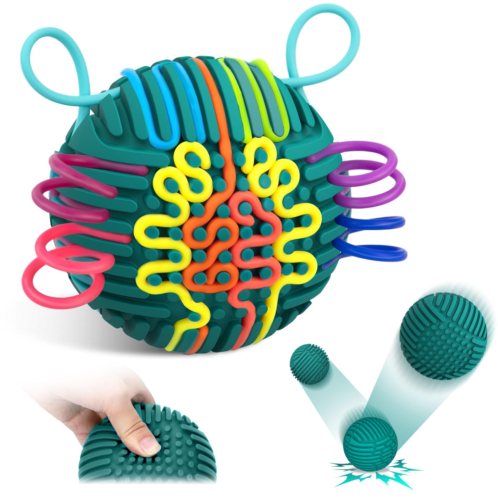 ddLUCK Full Silicone Sensory Activity Ball, Fidget Toys for Autism, ADHD, Stress & Anxiety Relief, 10 Colors Silent Calming Travel Play Fidgets Toy Balls for Kids 3+ with 20 Strings (Green)