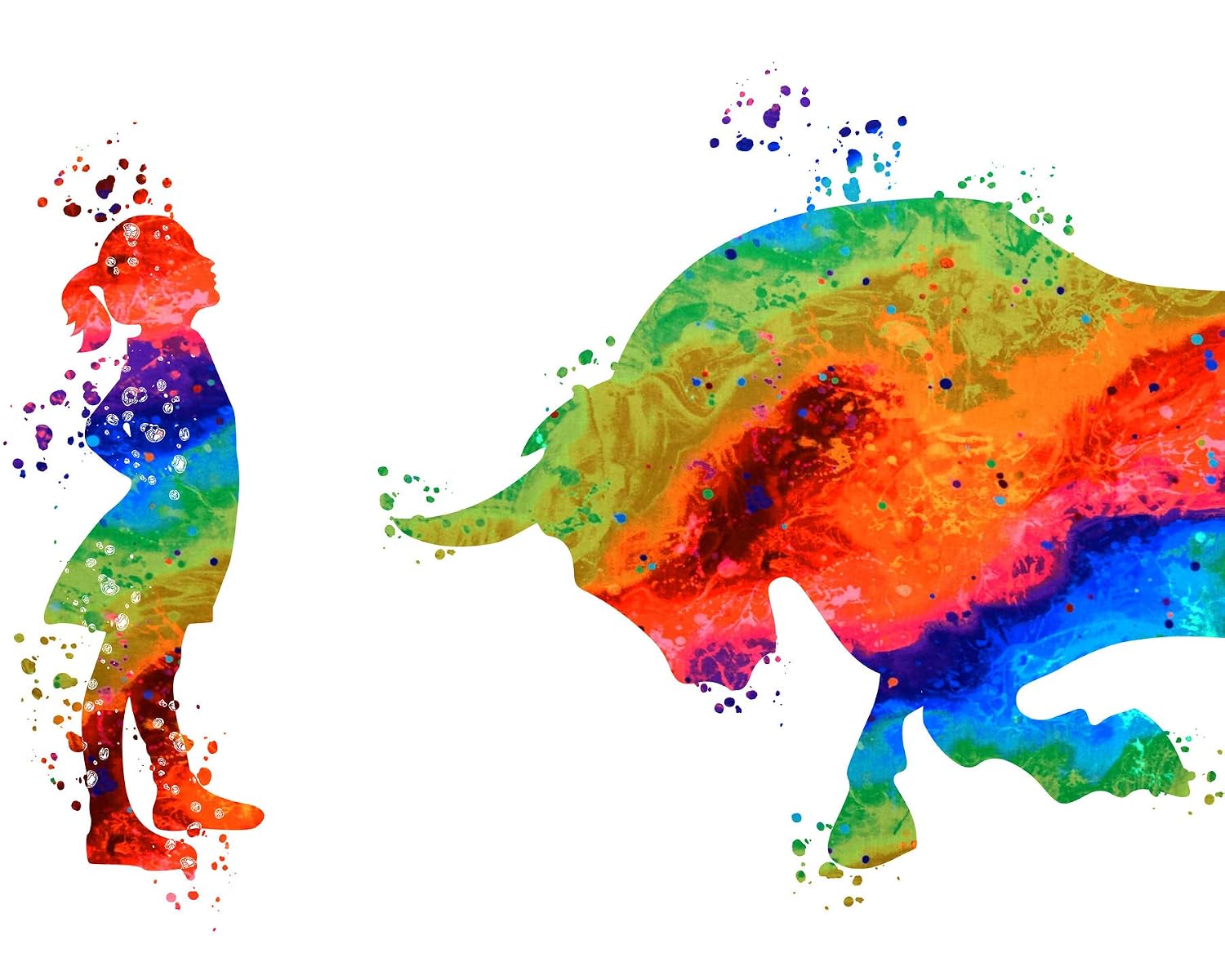 Charging Bull Fearless-Girl Power Decor - Motivational Water Color Wall Art Print - Fearless Girl and Bull Statue Wall Print - Gift for her…
