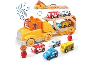 WANBORNS Toddler Car Toys for 2 3 4 5 Years Old Kids, Transport Carrier Truck Toy with 4 Wooden Vehicle, 24IN Foldable Track Trailer with Light & Sound Effects