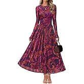 MEROKEETY Women's Long Sleeve Spring Wedding Guest Dress 2026 Crewneck Floral Flowy Mesh Cocktail Maxi Dresses