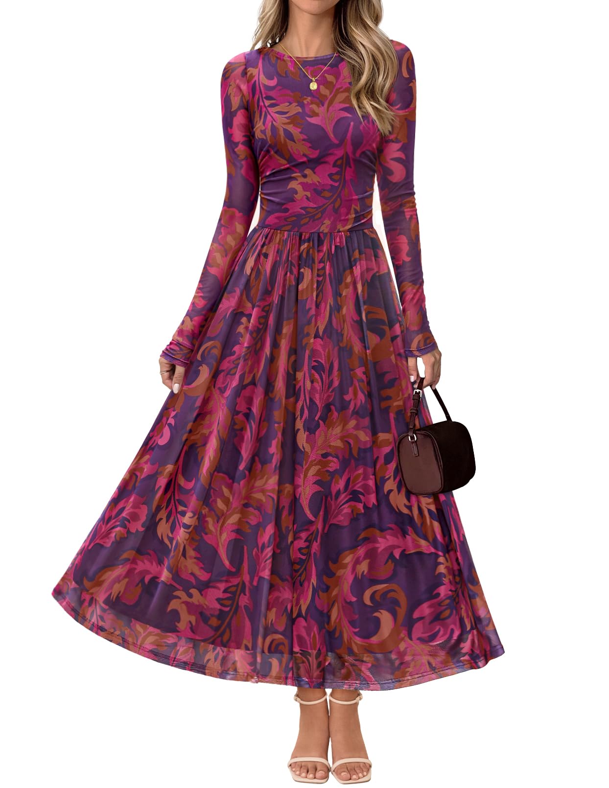 Photo 1 of MEROKEETY Women's Long Sleeve Fall Wedding Guest Dress 2025 Crewneck Floral Flowy Mesh Cocktail Maxi Dresses, Plum, Small