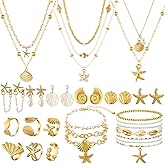 Tondiamo 23 Pcs Beach Jewelry for Women Seashell Starfish Charm Necklace Earrings Studs Bracelets Rings Boho Summer Beach Mermaid Accessories for Women Holiday Summer Vacation Wedding Gifts(Gold)