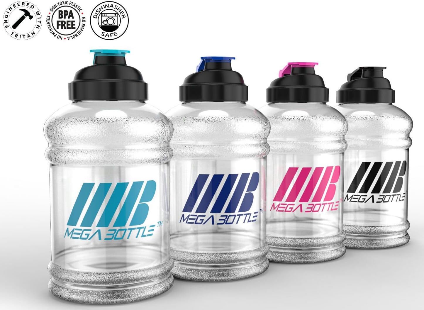 Mega Bottle 2.5 Liter 100% DISHWASHER SAFE Large Water Bottle Jug Mug - BPA Free - Food Grade Plastic - Leakproof - Odor free - Easy Carry Handle - Extra wide mouth - Patented Eastman Tritan