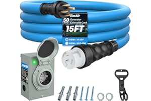 COOLTOP 50 Amp Generator Cord and Power Inlet Box Kit, 15FT Extension Cable STW 6/3+8/1 AWG Generator Cord 125/250V NEMA 14-50P to SS2-50R Pre-Drilled Inlet Box Waterproof Combo Kit, ETL Listed