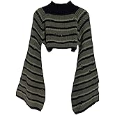 GORGLITTER Women's Striped Y2k Ripped Knit Gothic Tops Flare Sleeve High Neck Cropped Sweater