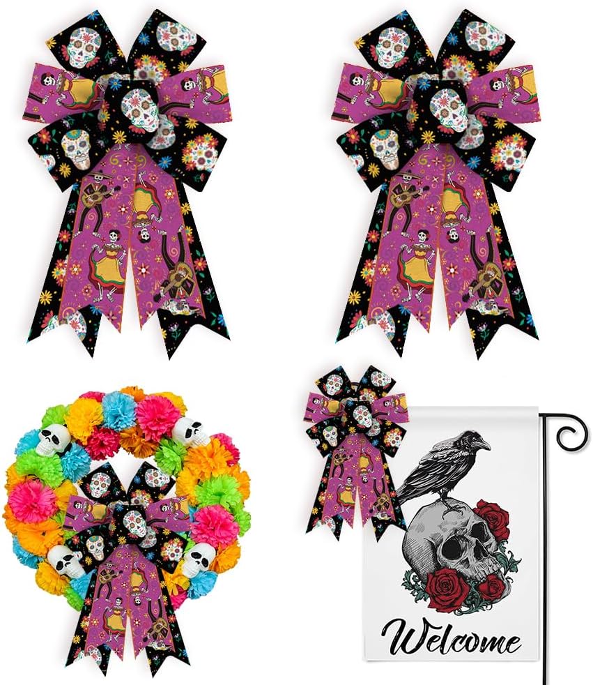 Bows & Ribbons - Threetols 2 PCS Day of The Dead Bows for Wreath, Purple Black Sugar Skull Flower Wreath Bows Dia De Los Meurtos Bows for Front Door, Halloween Tree Bows for Mexican Ofrenda Party Indoor Outdoor Decor