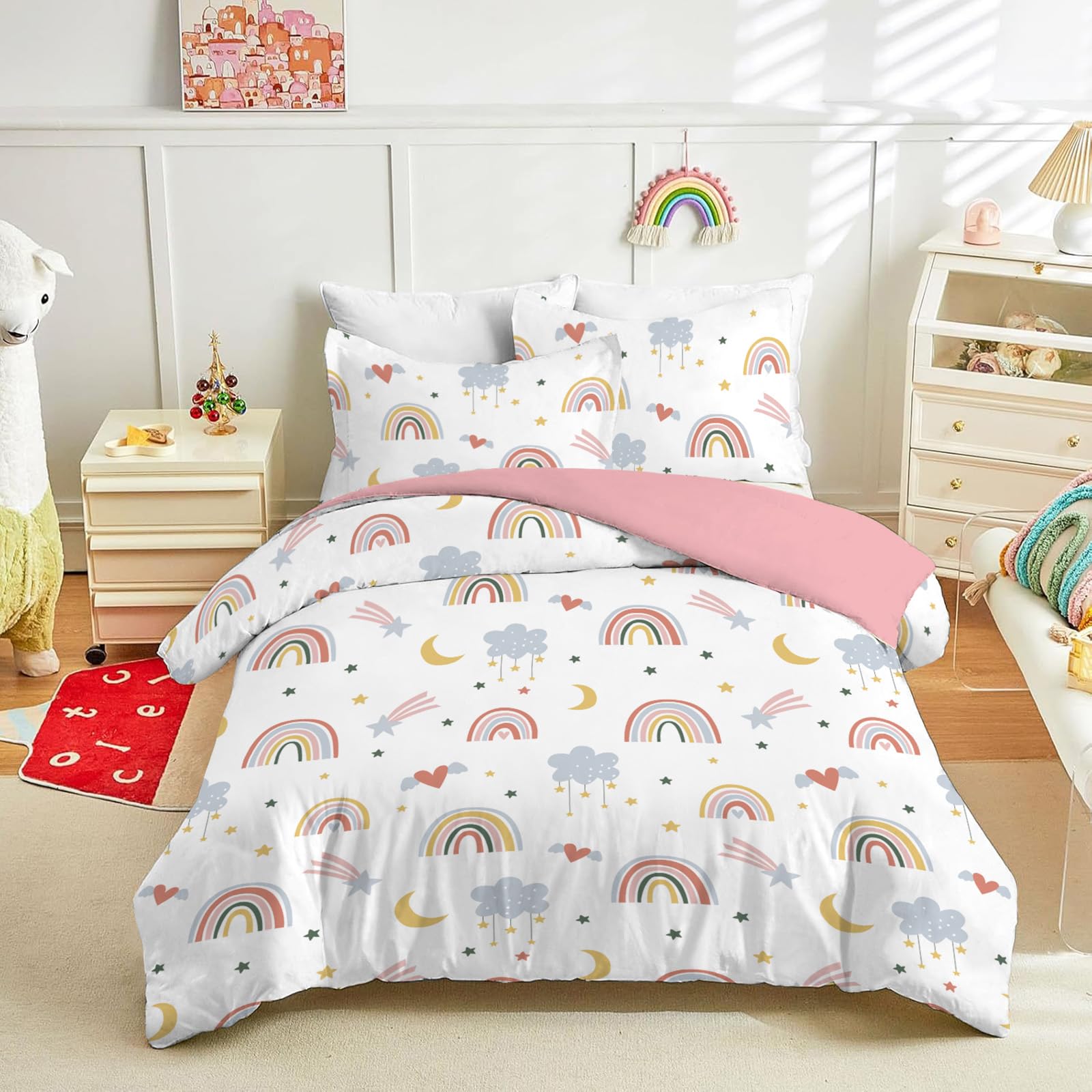 Yasida Rainbow Bedding Kids Double Duvet Set Pink Heart Duvet Cover Cute Bedding With Rainbows/Clouds/Moons/Stars/Hearts For Kids Girls Double Duvet Cover 200x200cm And 2pcs Pillowcase 50x75cm