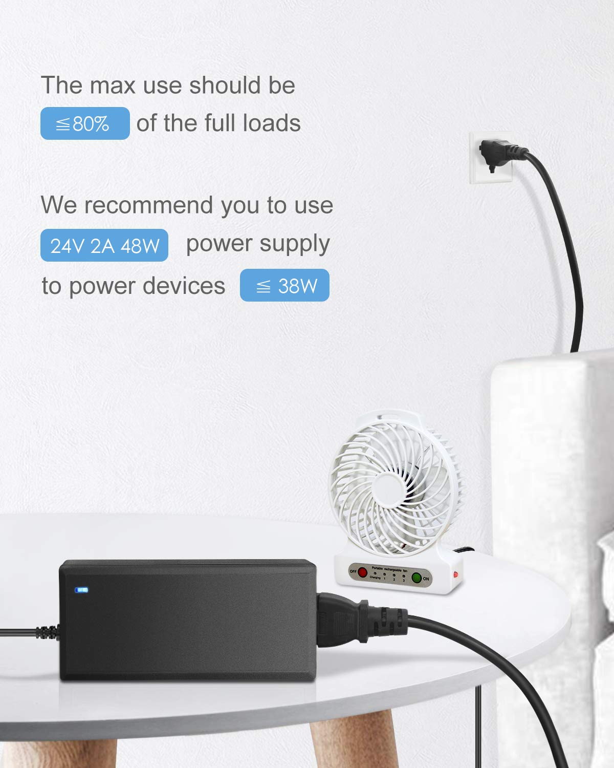 ALITOVE 24V DC Power Supply 2A 48W AC/DC Adapter 100~240V AC to DC 24 Volt 2 Amp Converter 24 vdc 2000mA 1.8A 1.5A 1.3A 1.2A with 5.5mmx 2.5mm 2.1mm Plug for LED Strip Light CCTV Camera DC Pump Fan