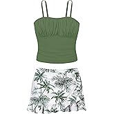 ADIRUN Girls Tankini Swimsuits Two Piece Tropical Print Pleated Bathing Suit with Ruffle Drawstring Skirt Swimwear 9-16T