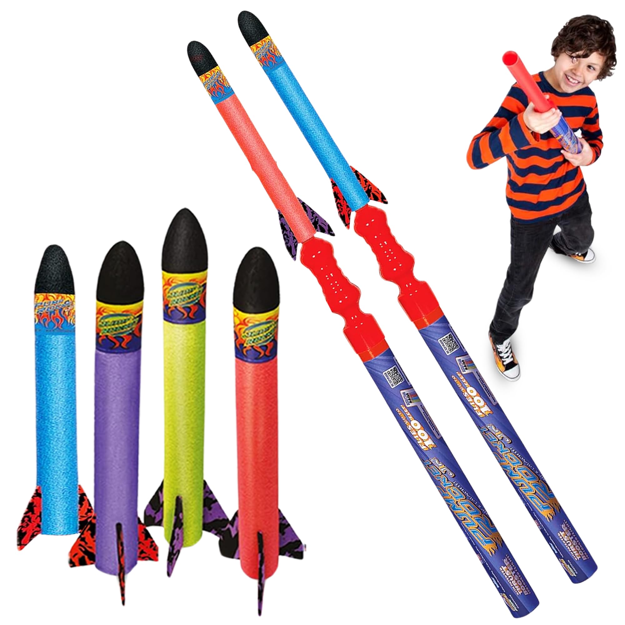 Geospace Pump Rocket Combo Battle Pack (Jr. Battle Pack) Dueling Flying Foam Rockets for Outdoor and Summer Play for Kids - 2 Launchers & 6 Rockets