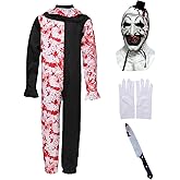 4Pcs Mens Scary Clown Costume Outfits, Killer Clown Jumpsuit with Scary Mask Halloween Cosplay Party