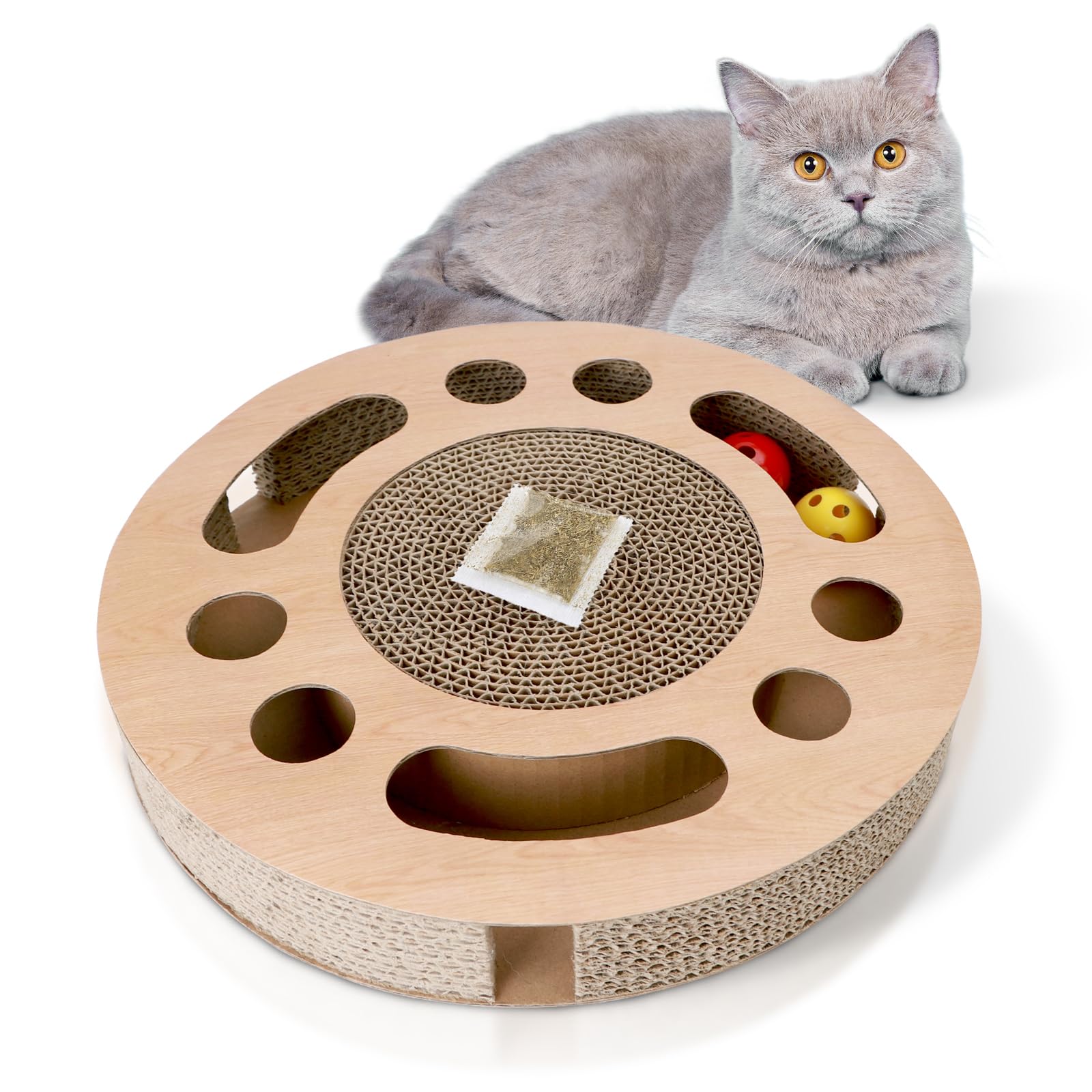 Nobleza Cat Scratcher, Cat Scratching Board with 2 Bell Balls and Catnip, High Density Corrugated Scratcher Cardboard, Durable 3 in 1 Scratchers Pad Bed Toy for Indoor Cats, Size 33 * 33 * 5.5 cm