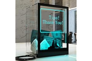 HEMYLU Tip Jar with 2 Sign Holders, LED Light & Lock for Bar & Party, Donation Box with Sign Holder ''Tips! Thank You!'', Suggestion Box with DIY Blank Sign Holder for Getting Cards, Voting & Ballots