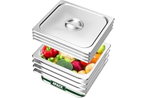 BAKPOCO Hotel Pan 2/3 Size - Steam Pan with Lid 4" Deep 4 Packs Food Pan Anti Jam Stainless Steel Buffet Pan Commercial Stainless Steel Pan