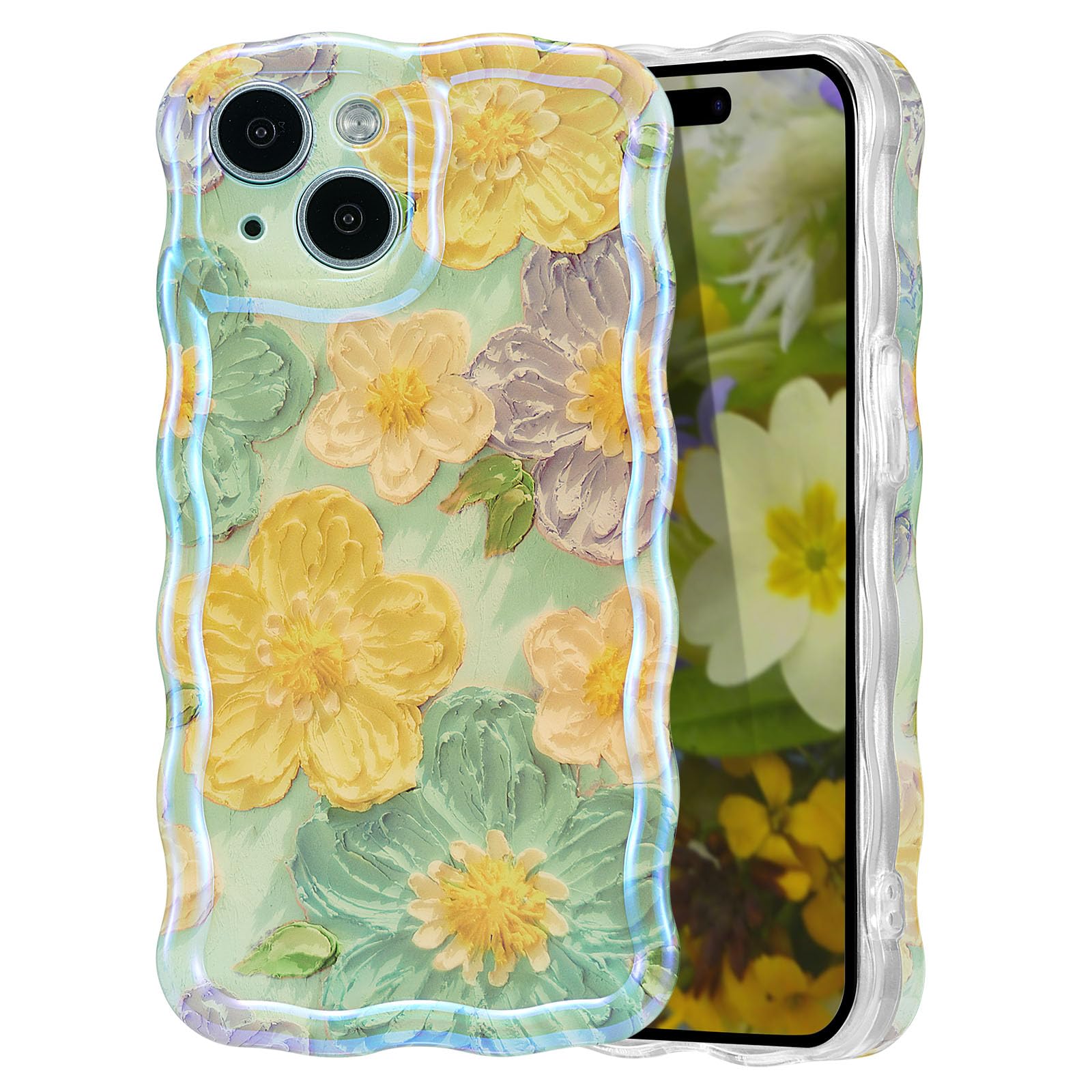 EYZUTAK Case for iPhone 15, Colorful Retro Oil Painting Flower Laser Glossy Cute Curly Wave Edge Case Stylish Durable Soft TPU Protective Phone Cover for Girl Women - Yellow Flower/Green