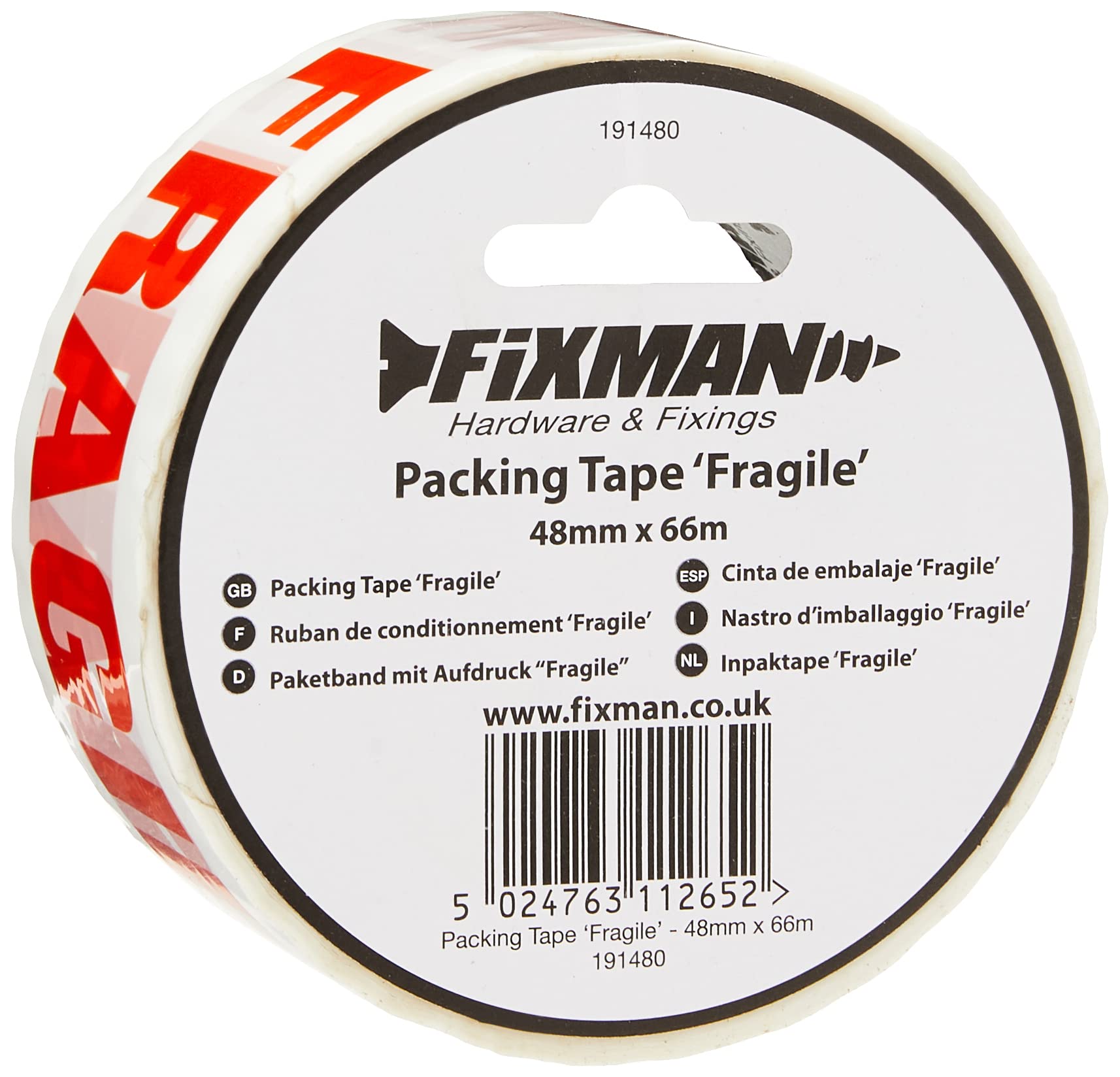 Fixman 191480 FRAGILE Packing Tape 48 mm x 66m , Red