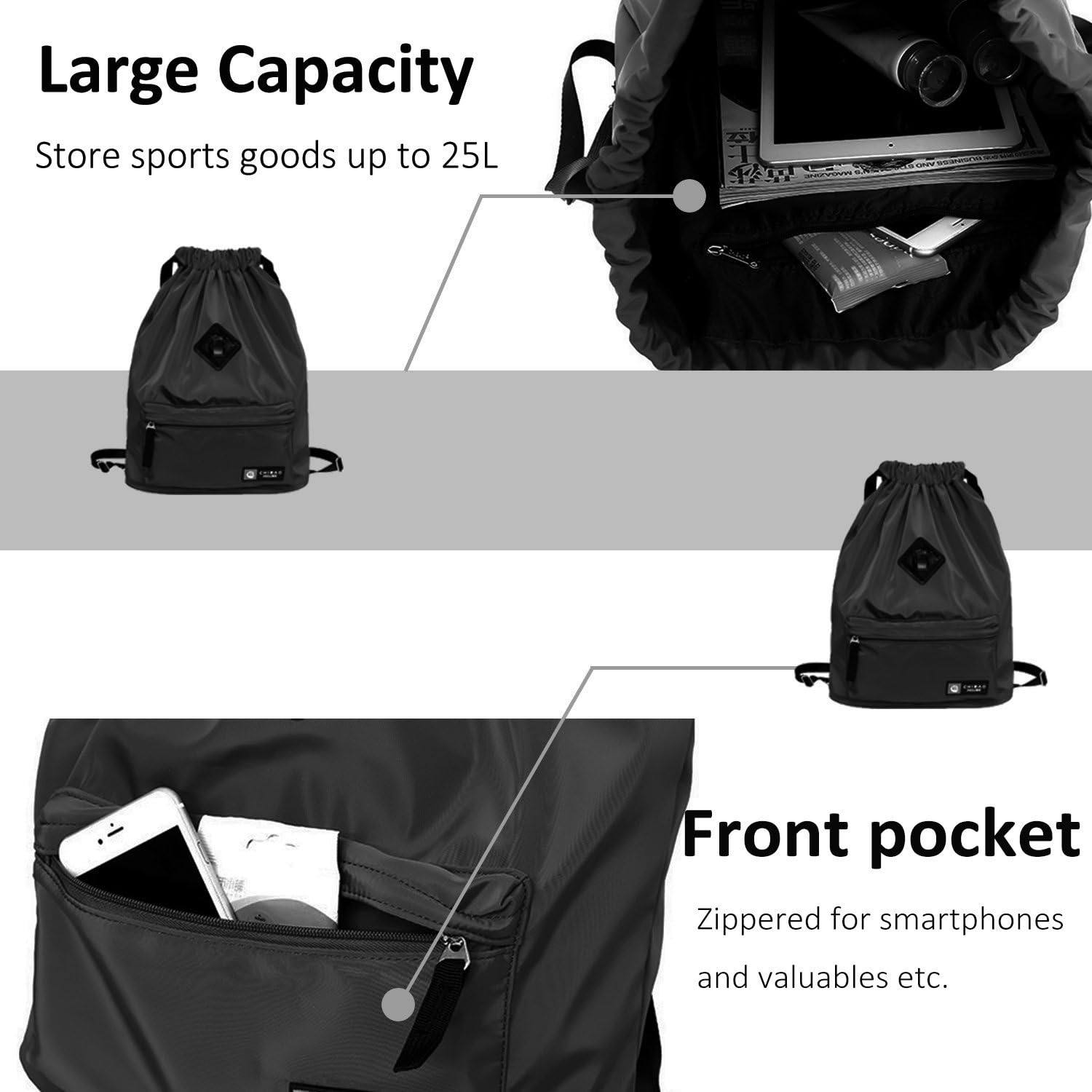Risefit Waterproof Drawstring Gym Bags, Swim Bags for School PE for Men Women Kids, E-black, 28 Long - Image 4