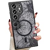 Changjia for Samsung Galaxy S25 Ultra Magnetic Floral Case, [Compatible with Magsafe] Cute Black Flower Phone Case for Women Girls TPU Bumper Translucent Shockproof Case for Galaxy S25 Ultra,Sunflower