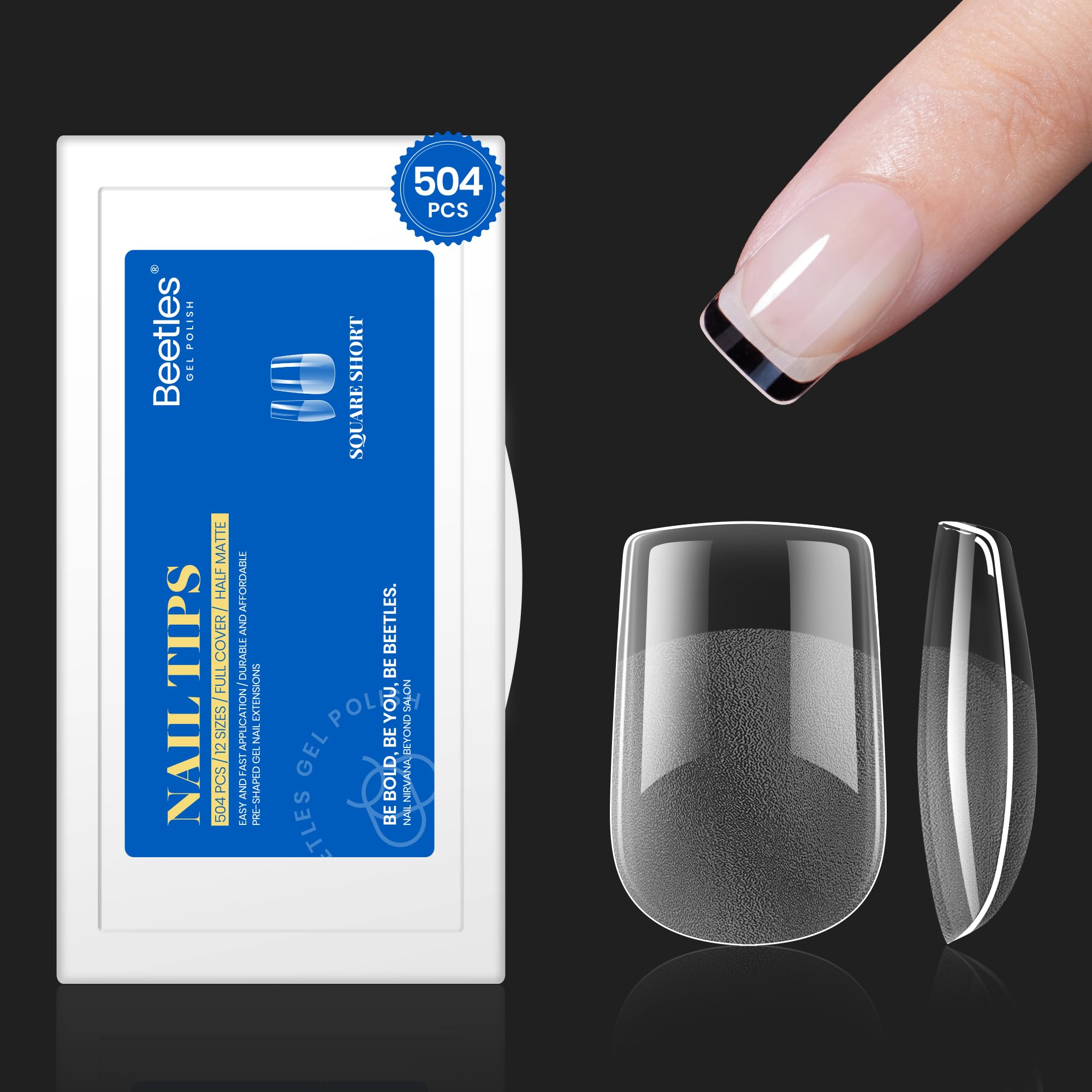 Beetles XS Short Square Nail Tips - 504 Pcs, 12 Sizes, Half Matte Etch, Full Cover False Nails for Gel Polish Nail Art Design, Glues Needed — image 1