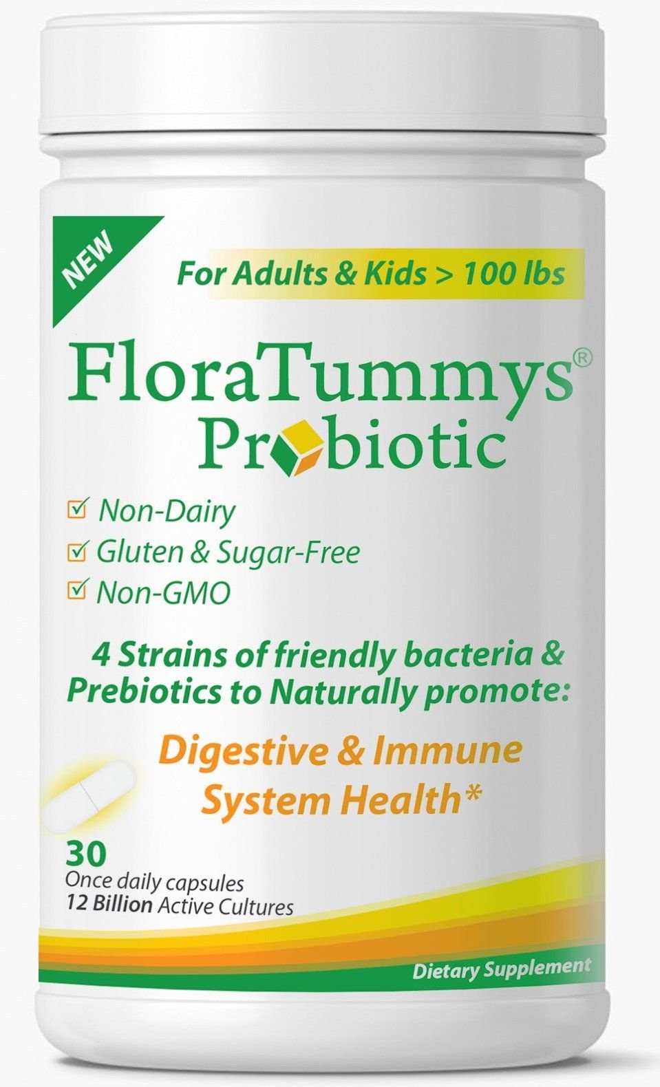 FloraTummys Probiotic for Women, Men, Kids, 12 Billion CFU, Non-Dairy, Gluten Free, Sugar Free, Non-GMO, Kosher