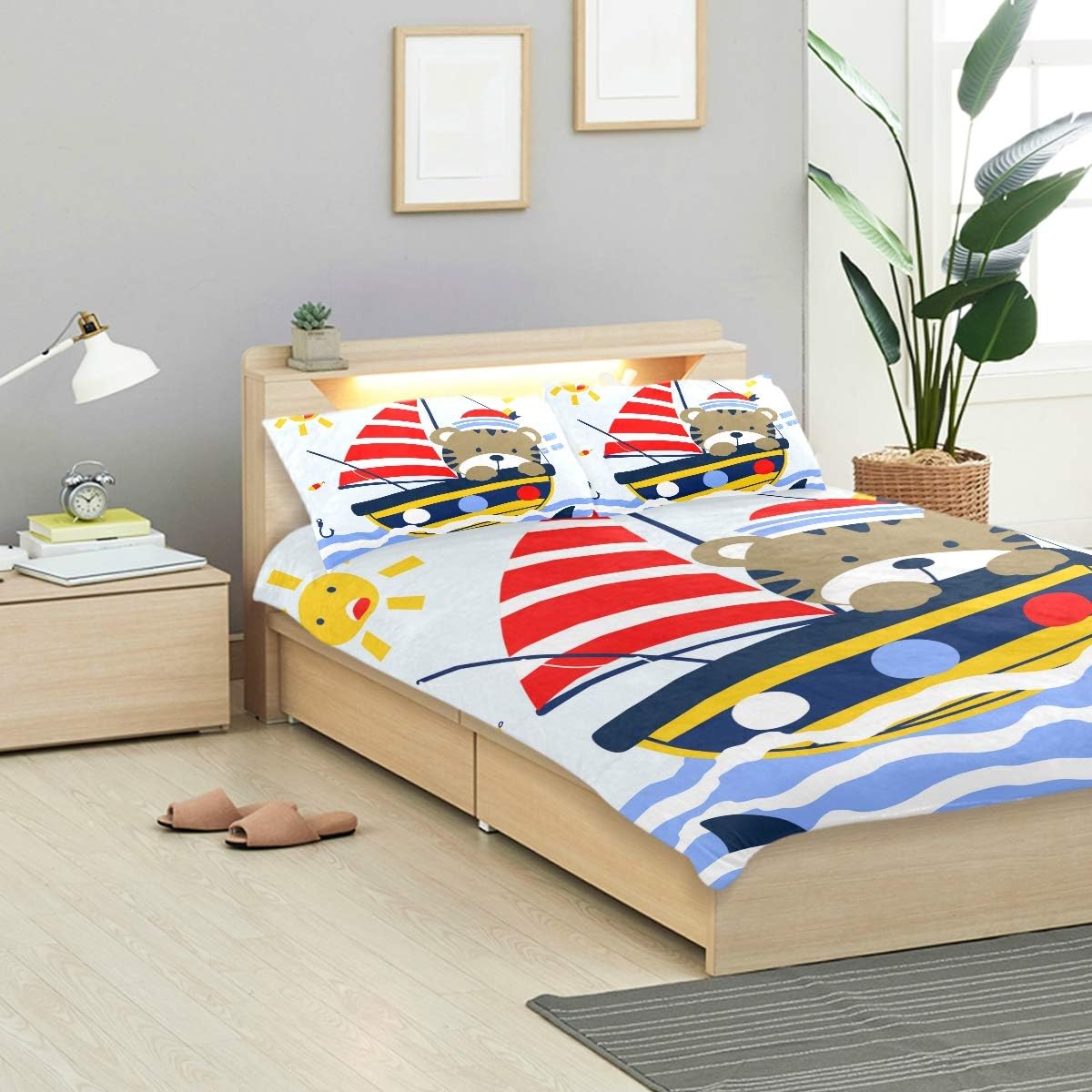 BISHUO Sailor Kid Under Shark Attack Ocean Duvet Cover Set Design Bedding Decoration King 3 PC Sets 1 Duvets Covers with 2 Pillowcase Microfiber Bedding Set Bedroom Decor Accessories