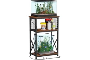 Snughome 10 Gallon Fish Tank Stand with Power Outlets, Aquarium Stand with Storage, 3 Tier Heavy Metal Reptile Tank Stand Fish Tank Shelf 20.47" x 11.42" x 30.91", Rustic Brown