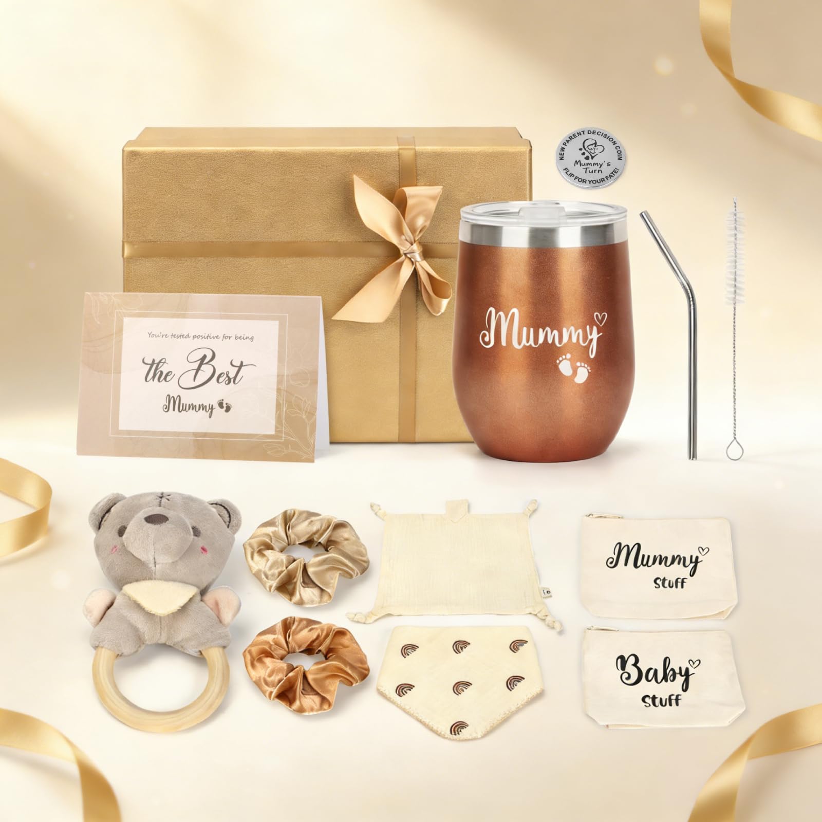Baby Shower Gifts for Mum to Be, Newborn Baby Hamper Basket, Baby Gift Set for Unisex, Boy, Girl, New Mum Pamper Kit with Bags, Coffee Mug, Baby Bib, Rattle & Decison Coin for New Parents (Gift Box)