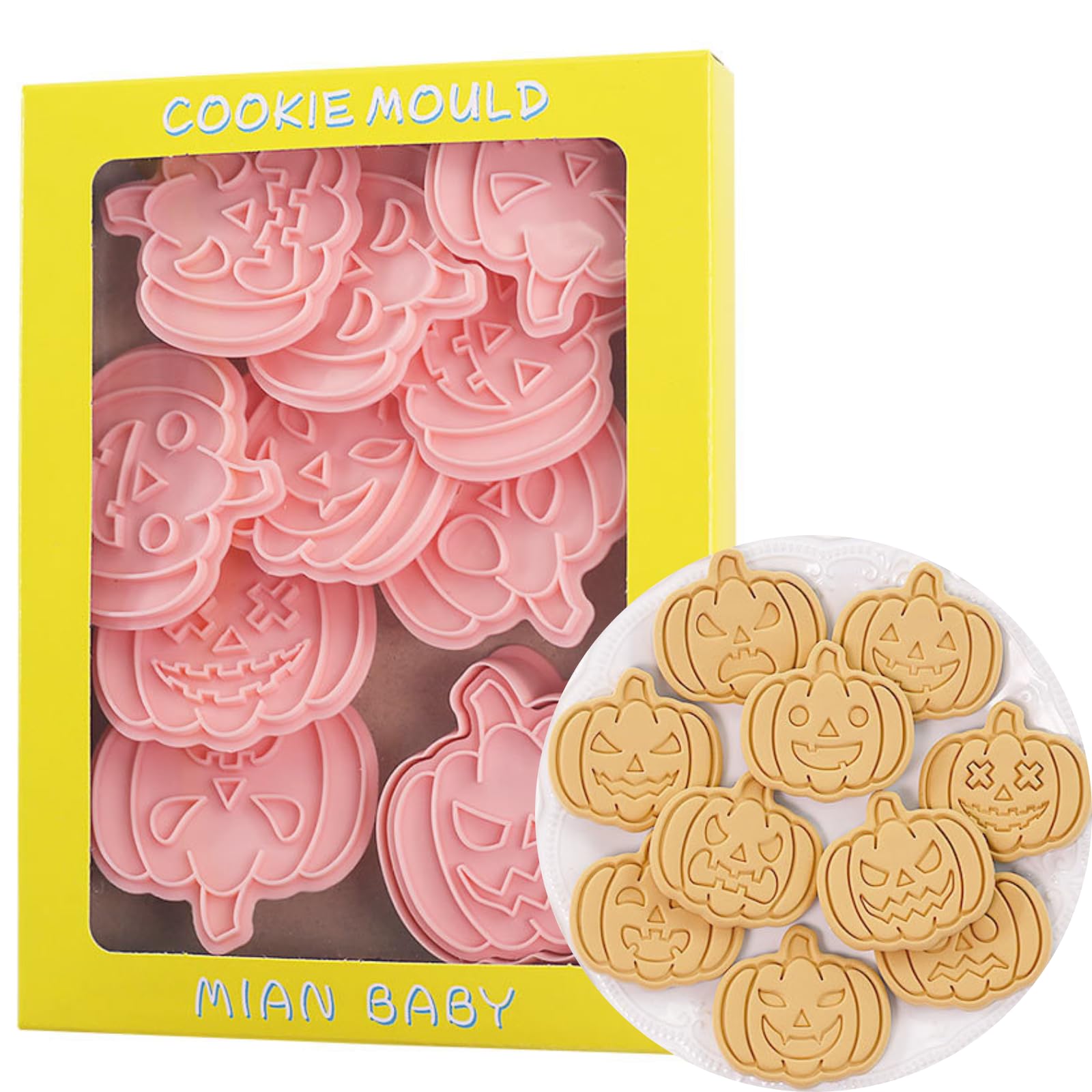 PTaizjjz Halloween Cookie Cutters and Stamps, 10PCS Plastic Biscuit Cutters, Pumpkin Head Funny Cookie Cutter for Halloween Baking Kit