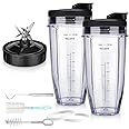 Revorit Blender Replacement Parts for Ninja, 2 24oz Cups with To-Go Lids, 7 Fins Extractor Blade, for Nutri Ninja Auto iQ BN801 BL480-30 BL640-30 BL642-30 NN100-30 BL2012 (2 Pack)
