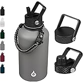 BJPKPK Half Gallon Insulated Water Bottles with Straw Lid, 64oz Large Water Jug, Stainless Steel Bottles with 3 Lids and Paracord Handle, Thermo for Hot & Cold Liquid, Gray