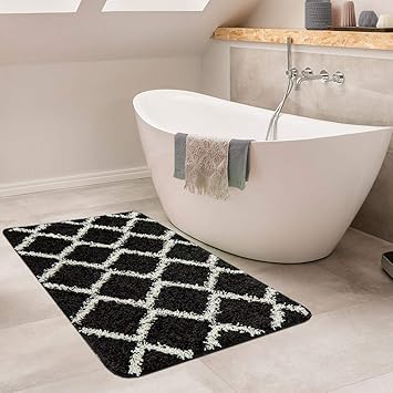 Paco Home Moderne Badematte Mit Rauten Design Hochflor Badteppich In Schwarz Weiß, Grösse:70x120 cm