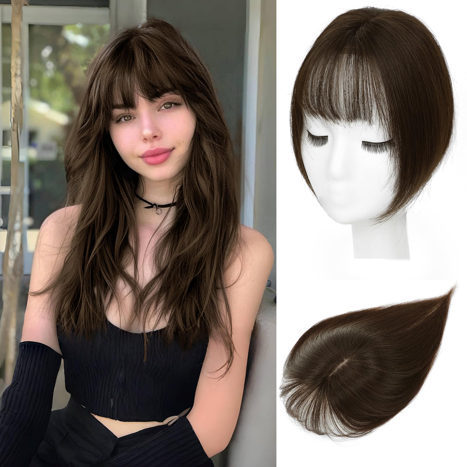 Photo 1 of OLLAVO Hair Toppers for Women Real Human Hair, 360°3D Bangs Clip Human Toppers for Women with Thinning hair Realistic Scalp Line (Medium Brown, 3D Wispy Bangs(11 * 7))