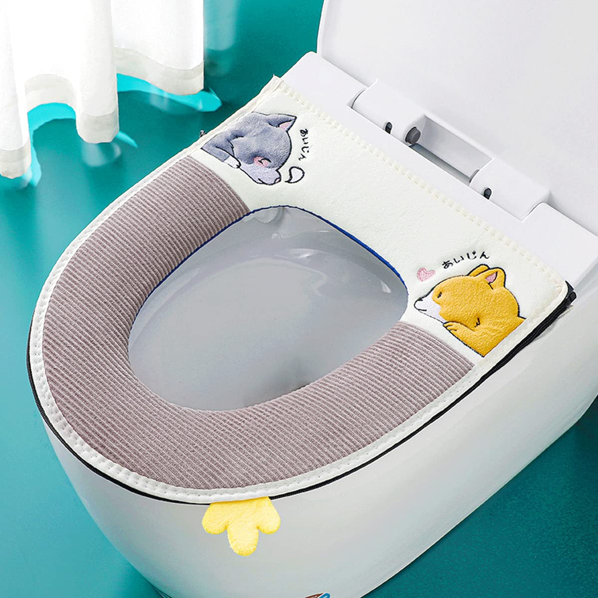 Toilet Seat Cover Pads, Cute Dog Bathroom Soft Warmer Cloth Waterproof Leather Stretchable Washable Toilet Seat Cushion with Zipper and Hanging Loop (Gray) โ image 1