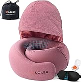 LOLEX™ Hooded Pro Travel Pillow - Memory Foam Neck Support Pillow for Airplane, Flight - Super-Soft Cationic Fabric, Maximum 
