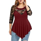 Nihsatin Women's Plus Size Lace Panel Asymmetrical T Shirts 3/4 Sleeve Swing Tops