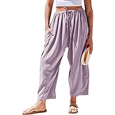 TARSE Womens Linen Wide Leg Pants Casual Loose Drawstring Summer Beach Travel Vacation Palazzo Harem Pants with Pockets