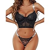 Avidlove Women's Lingerie 2 Piece Lace Bodydoll Set with Underwired Lace Corset and Panty Outfits