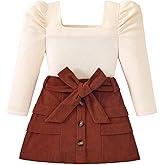 Hihosdor Toddler Girl Outfits Square Neck Puff Sleeve Top Skirt Set Fall Winter Clothes for Girls 2-7 Years
