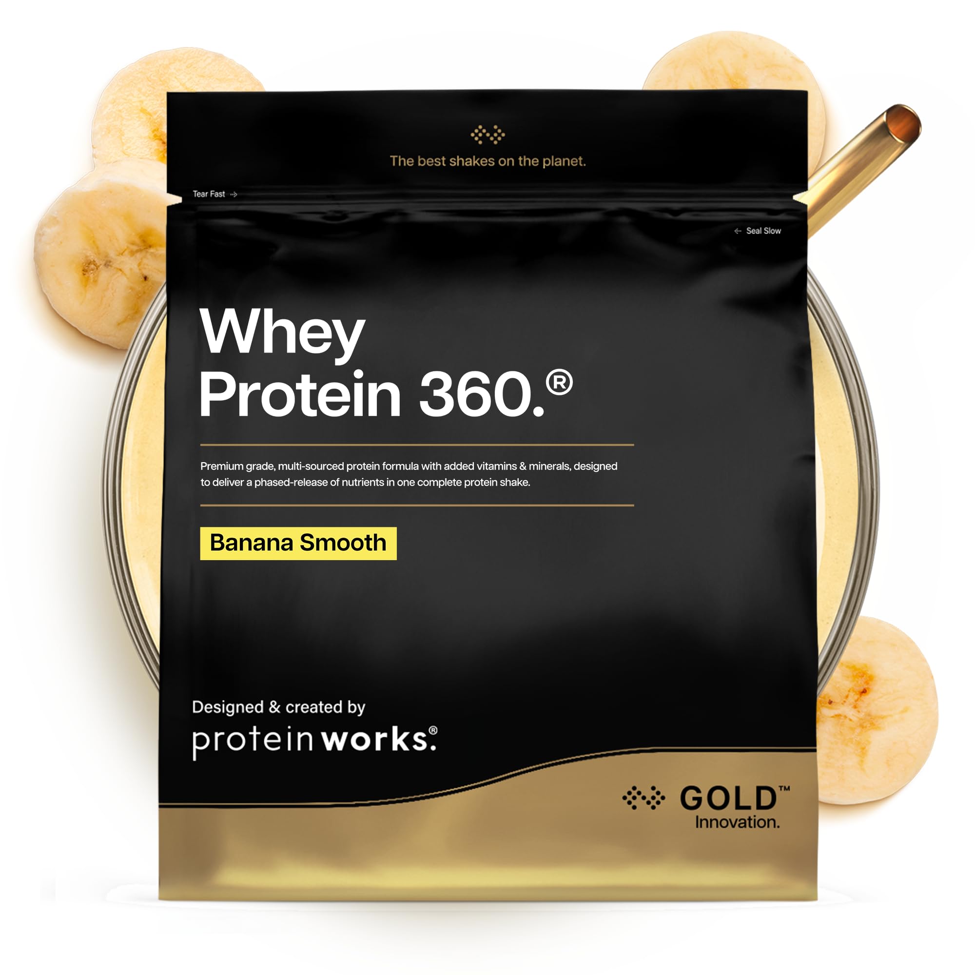 Protein Works | Whey Protein 360 - GOLD Innovation, Whey Protein Powder, Premium Tri-Protein Blend, Digestive Enzymes, 12 Vitamins & Minerals, Banana Milkshake, 40 Servings, 1.2kg