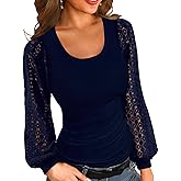 Basicspace Womens Fashion Lace Balloon Tops Knit Ribbed Stretch Slim Fitted Shirts Round Neck Blouse for Women