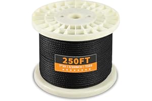 UYENSEOY T316 Black 3/16“ Stainless Steel Cable, 250ft Wire Rope 7x19 Strands Aircraft Cable 3700lbs Breaking Strength, Wire Cable Rop for Deck Railing, String Lights, Fence, Clothesline &Yard Zipline