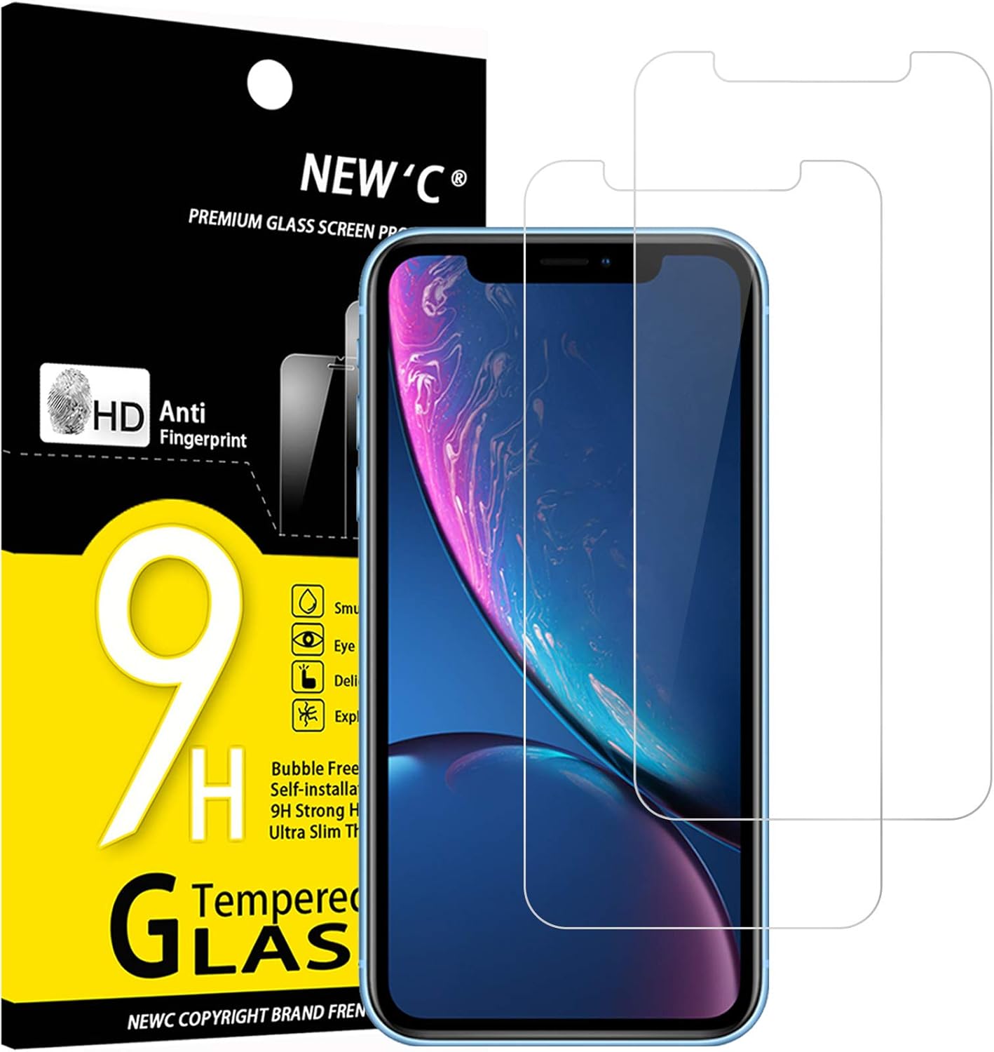 NEW'C 2 Pack Designed for iPhone 11 and iPhone XR Screen Protector (6.1"), Tempered Glass, Case Friendly Bubble Free Ultra Resistant