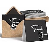 VNS Creations 20 Pack Thank You Cards With Envelopes, Stickers, 4x6 Inch Blank Thank You Notes - Bulk Box Set Large Notes for Graduation, Wedding, Small Business, Baby & Bridal Shower - Black
