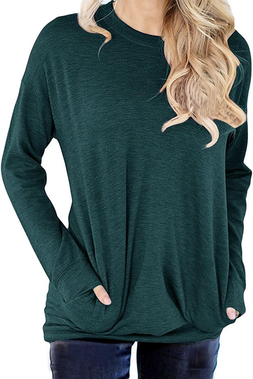 lymanchi Women Round Neck Long Sleeve Shirt Loose Baggy Pocket Pullover Tunic Top